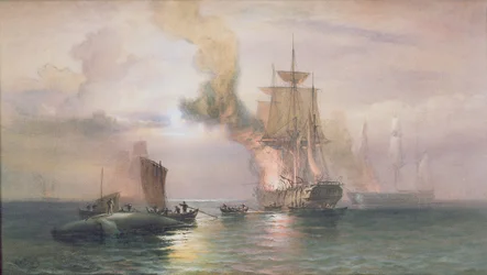 Baleeiros dos Mares do Sul a ferver gordura, com uma baleia a bombordo, c. 1875-85